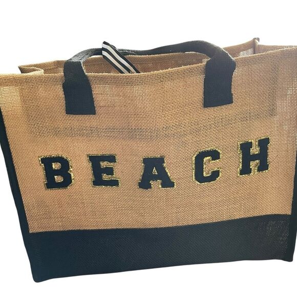 Chic Black and Tan Beach Tote with gold trim - Picture 1 of 6